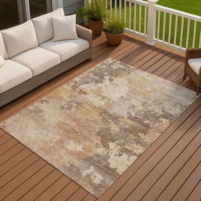 Salmon And Gold Abstract Washable Indoor Outdoor Area Rug Photo 3