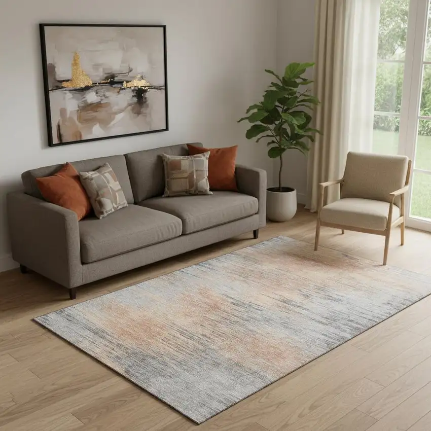 Salmon And Gray Abstract Washable Area Rug With UV Protection Photo 1