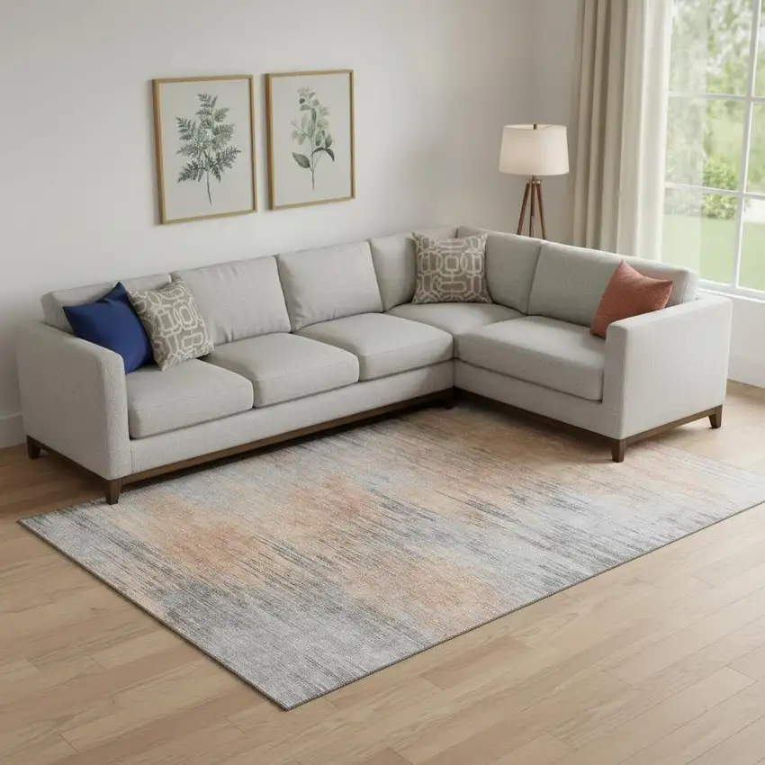 Salmon And Gray Abstract Washable Area Rug With UV Protection Photo 1