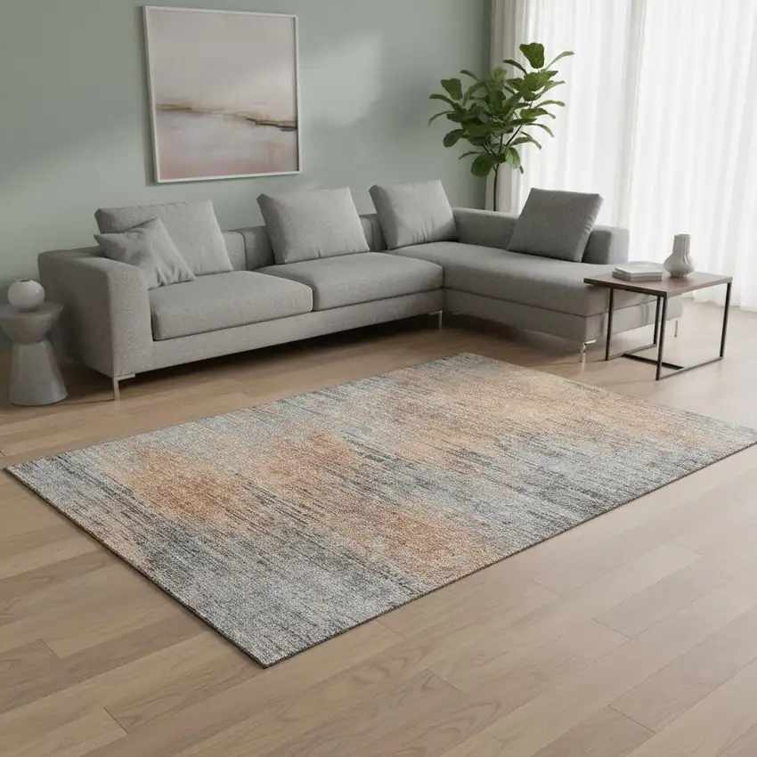 Salmon And Gray Abstract Washable Area Rug With UV Protection Photo 2