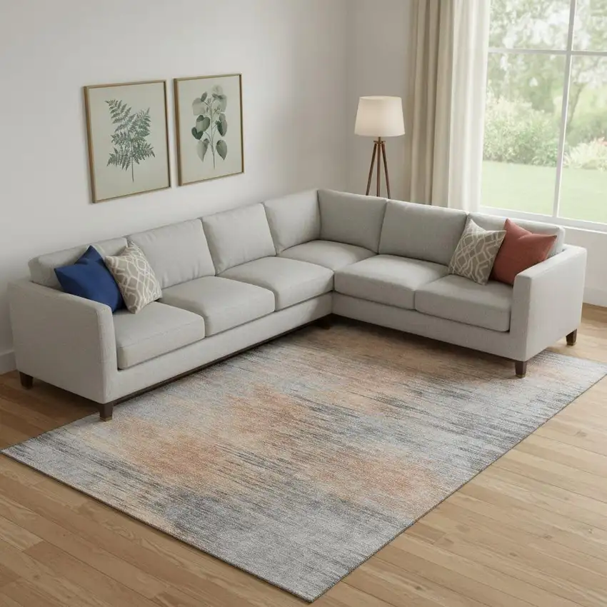 Salmon And Gray Abstract Washable Area Rug With UV Protection Photo 1