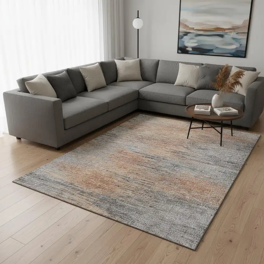 Salmon And Gray Abstract Washable Area Rug With UV Protection Photo 2