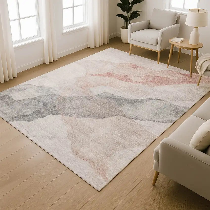 Salmon And Gray Abstract Washable Area Rug With UV Protection Photo 6