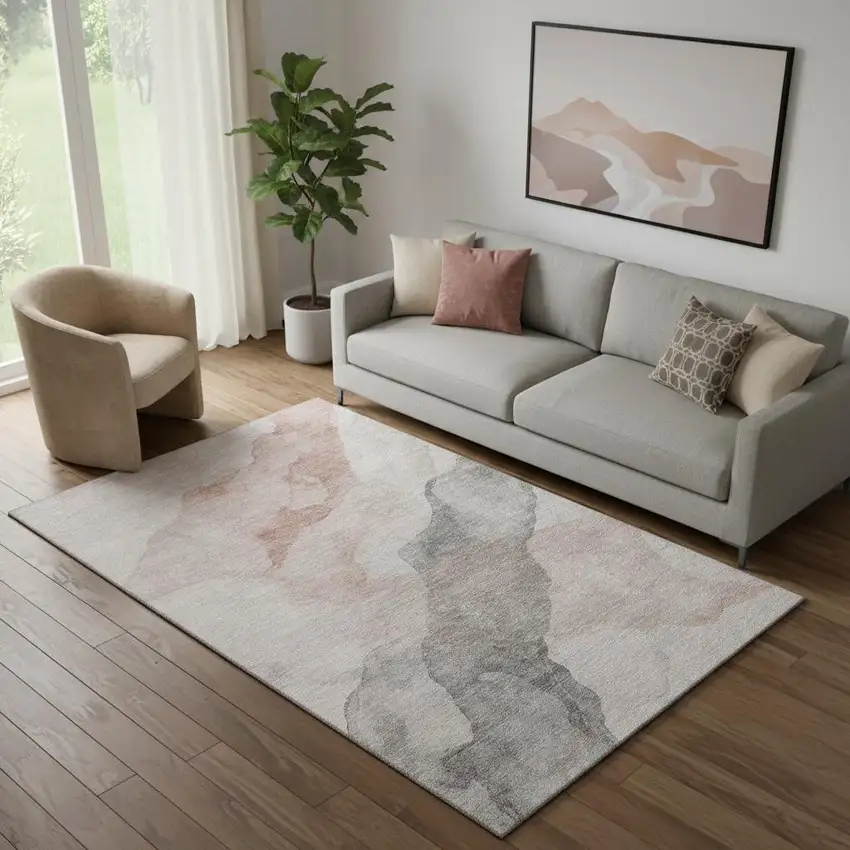 Salmon And Gray Abstract Washable Area Rug With UV Protection Photo 2