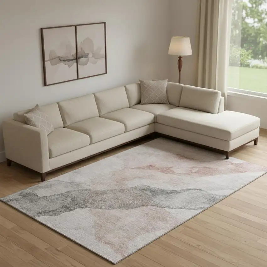 Salmon And Gray Abstract Washable Area Rug With UV Protection Photo 2