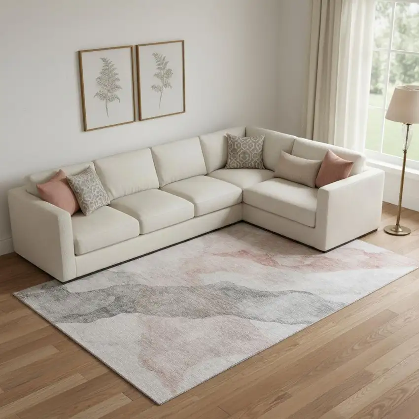 Salmon And Gray Abstract Washable Area Rug With UV Protection Photo 2