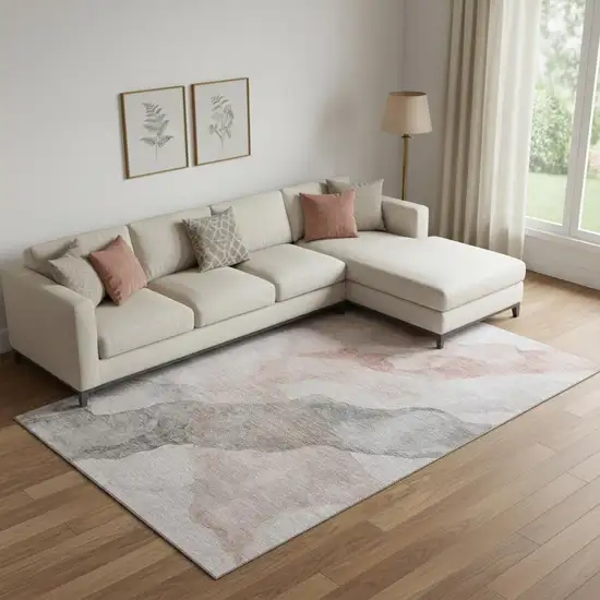 Salmon And Gray Abstract Washable Area Rug With UV Protection Photo 2