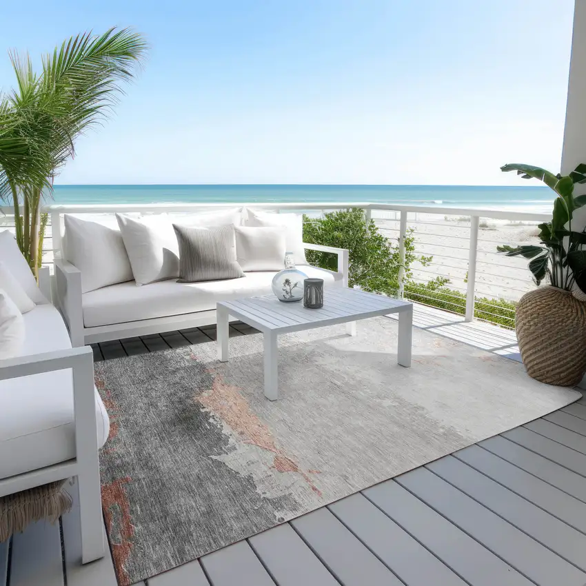 Salmon And Gray Abstract Washable Indoor Outdoor Area Rug Photo 5