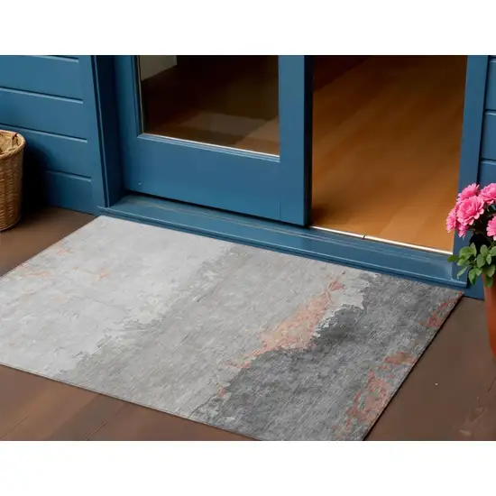Salmon And Gray Abstract Washable Indoor Outdoor Area Rug Photo 2