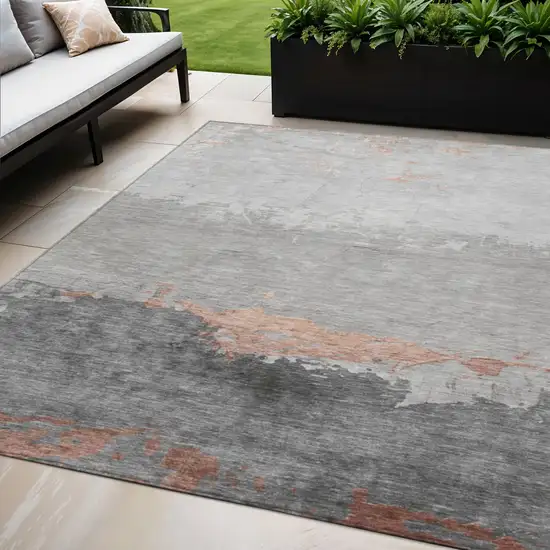 Salmon And Gray Abstract Washable Indoor Outdoor Area Rug Photo 2