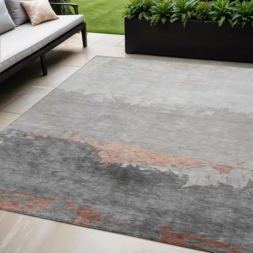 Salmon And Gray Abstract Washable Indoor Outdoor Area Rug Photo 2