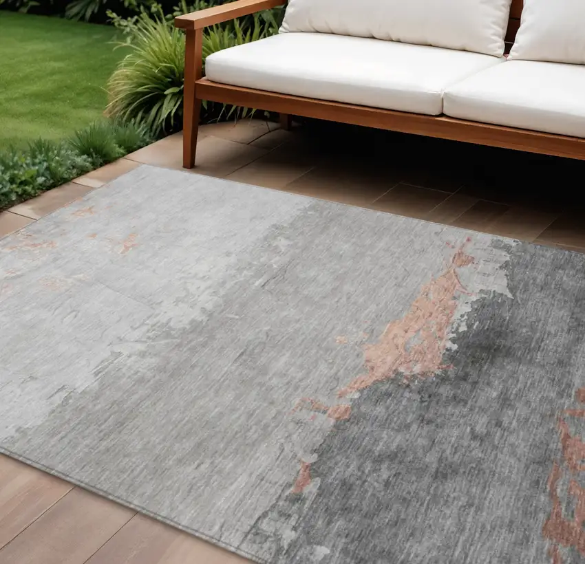Salmon And Gray Abstract Washable Indoor Outdoor Area Rug Photo 2