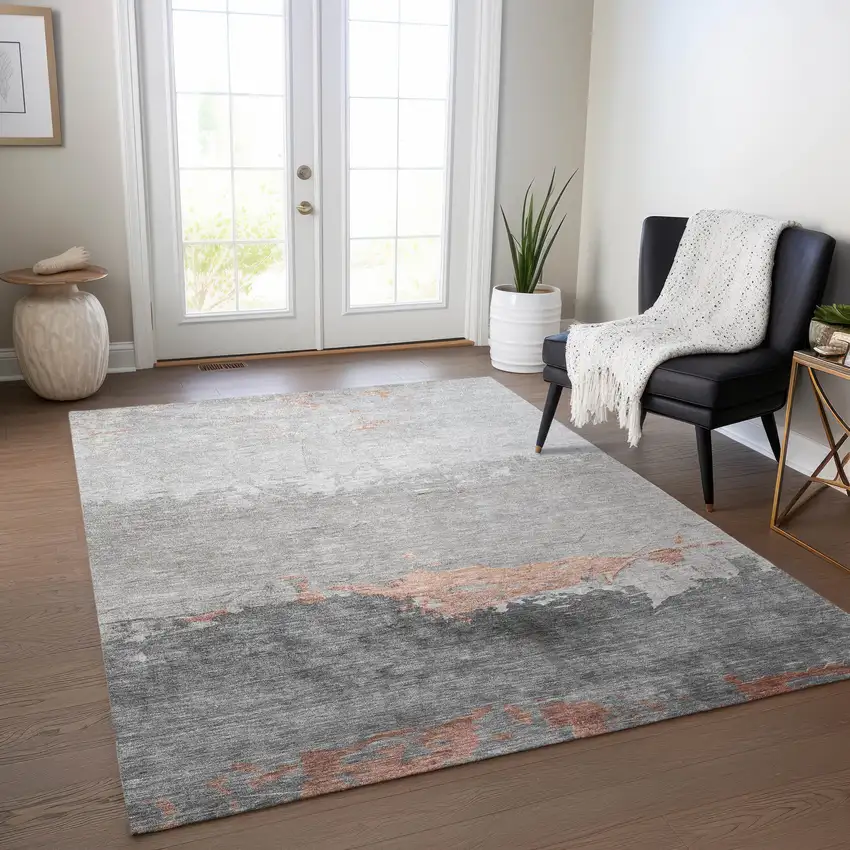 Salmon And Gray Abstract Washable Indoor Outdoor Area Rug Photo 6