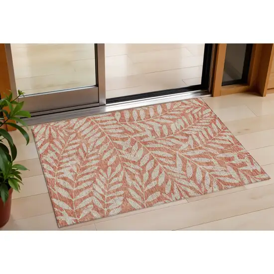 Salmon And Gray Floral Washable Indoor Outdoor Area Rug Photo 1