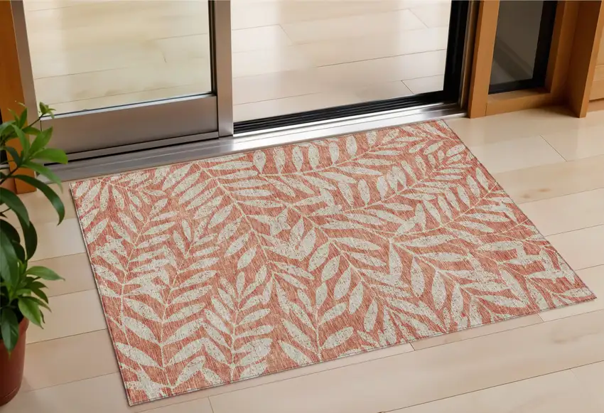 Salmon And Gray Floral Washable Indoor Outdoor Area Rug Photo 1
