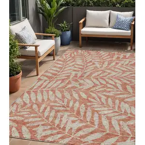 Photo of Salmon And Gray Floral Washable Indoor Outdoor Area Rug