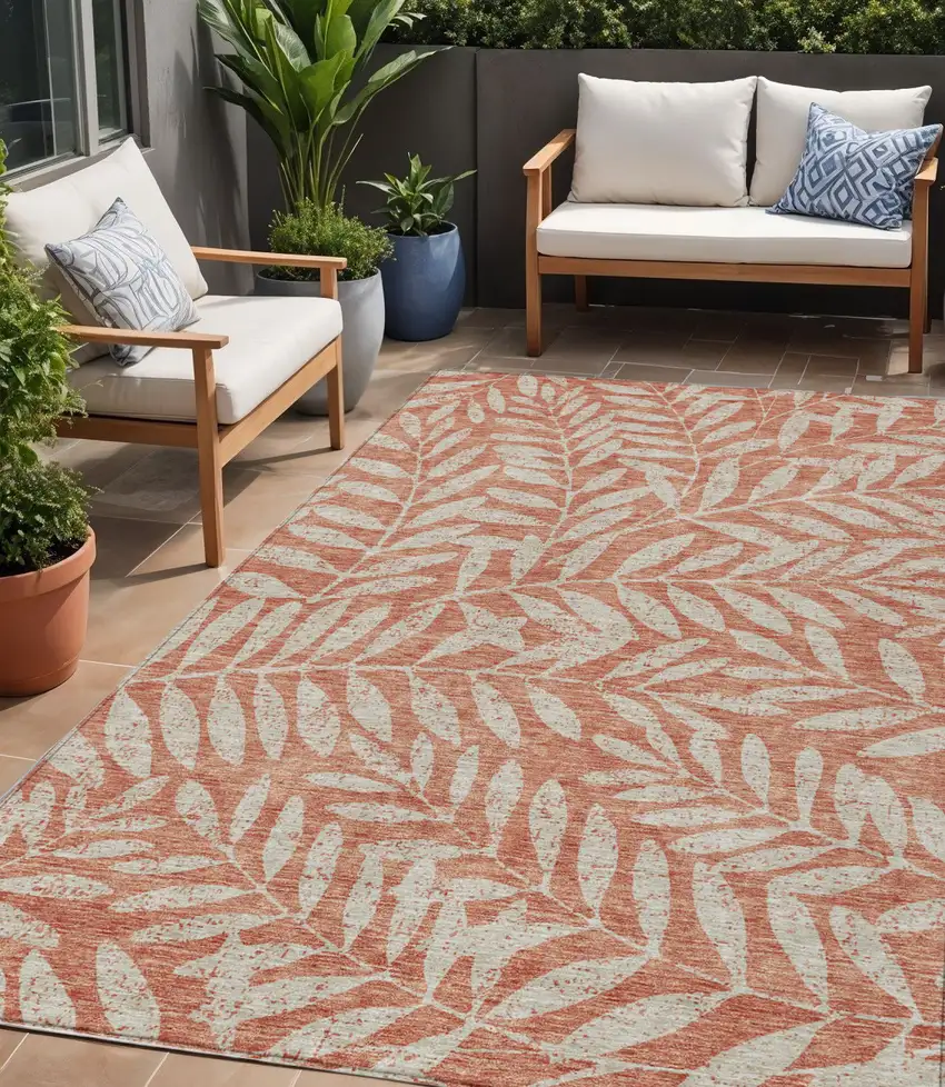 Salmon And Gray Floral Washable Indoor Outdoor Area Rug Photo 1