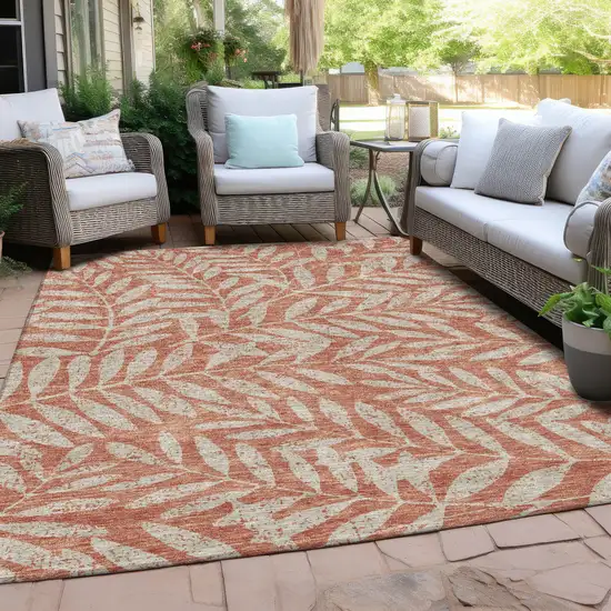 Salmon And Gray Floral Washable Indoor Outdoor Area Rug Photo 8