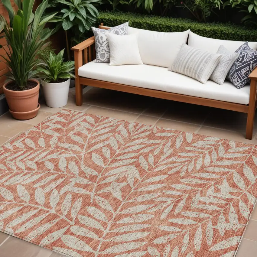 Salmon And Gray Floral Washable Indoor Outdoor Area Rug Photo 1