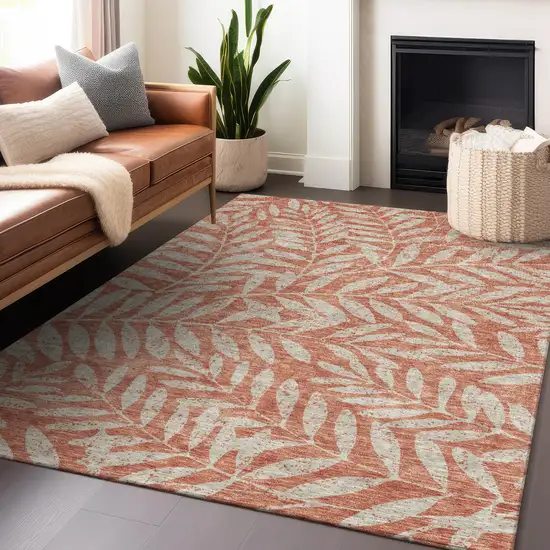 Salmon And Gray Floral Washable Indoor Outdoor Area Rug Photo 9