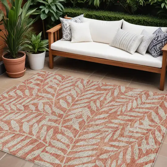 Salmon And Gray Floral Washable Indoor Outdoor Area Rug Photo 1