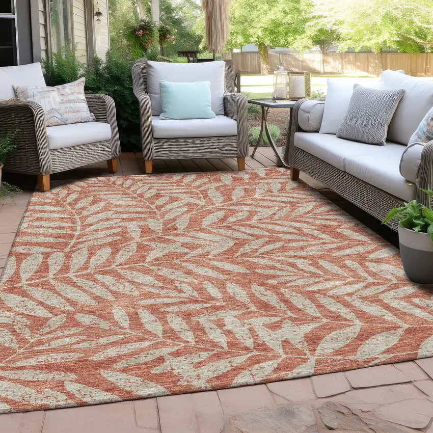 Salmon And Gray Floral Washable Indoor Outdoor Area Rug Photo 8