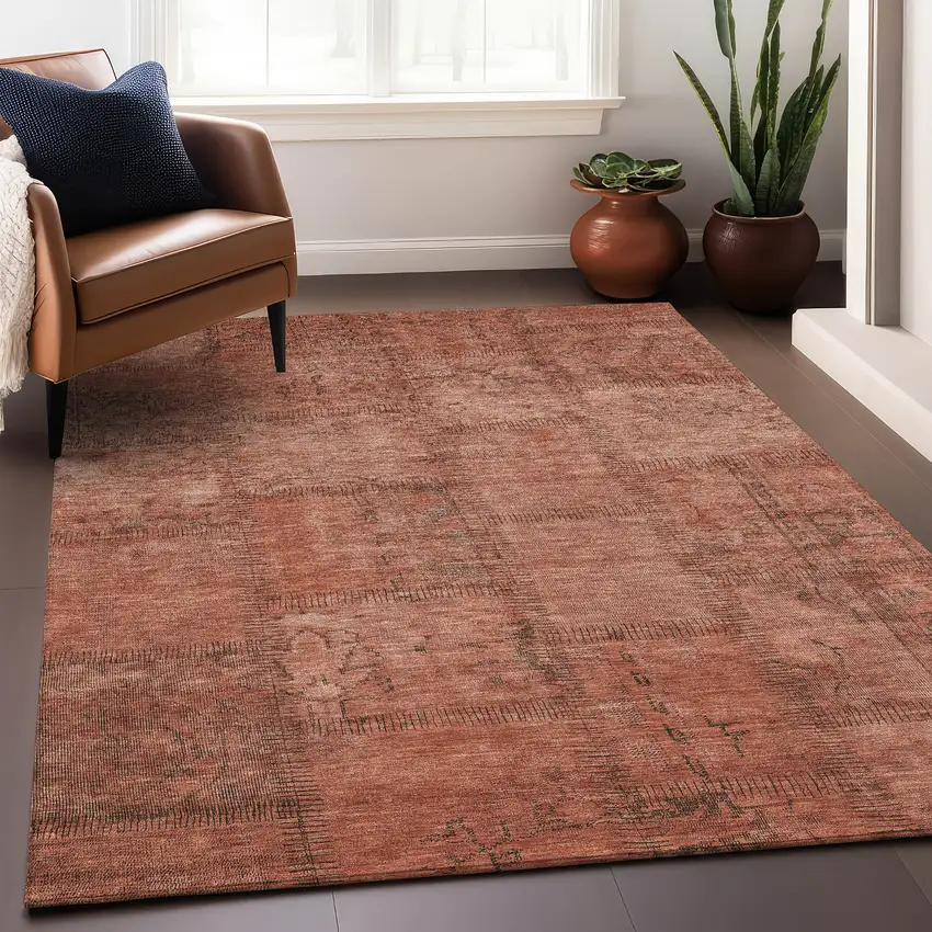 Salmon And Gray Patchwork Washable Area Rug With UV Protection Photo 4