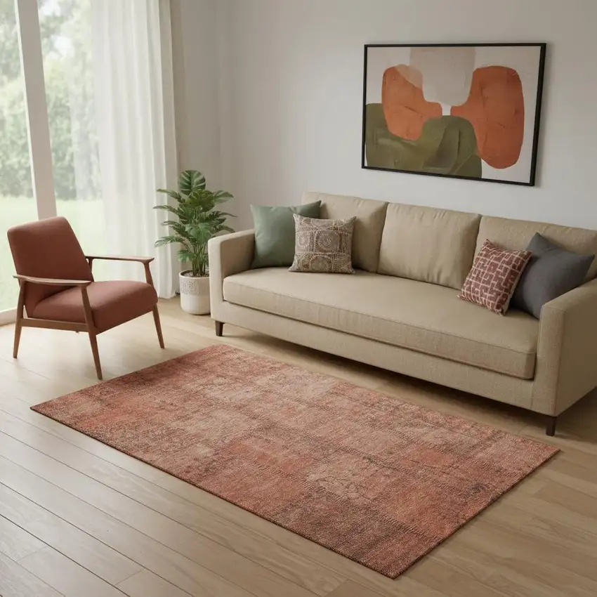 Salmon And Gray Patchwork Washable Area Rug With UV Protection Photo 1