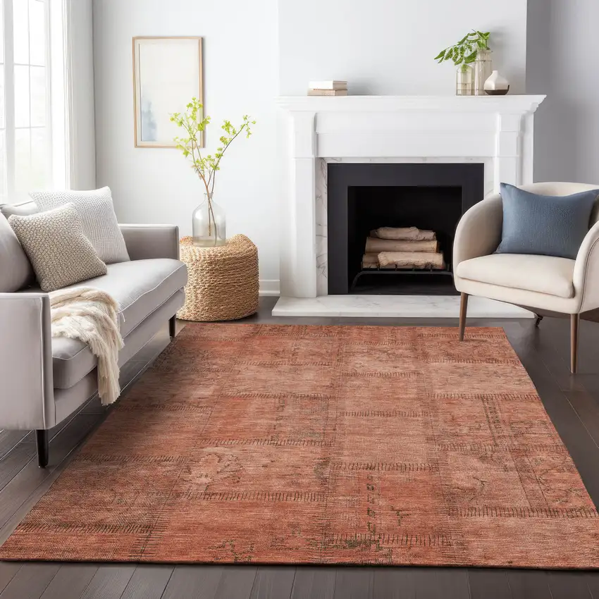 Salmon And Gray Patchwork Washable Area Rug With UV Protection Photo 3