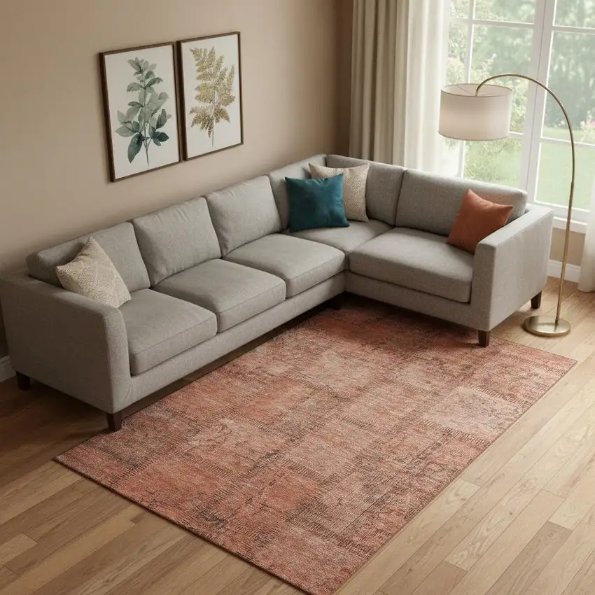 Salmon And Gray Patchwork Washable Area Rug With UV Protection Photo 1