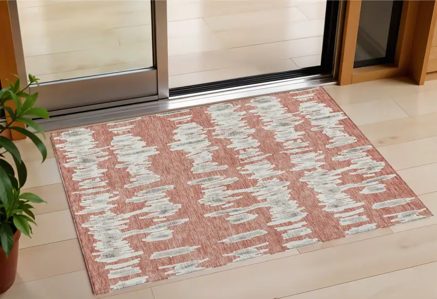 Salmon And Gray Striped Washable Indoor Outdoor Area Rug Photo 1