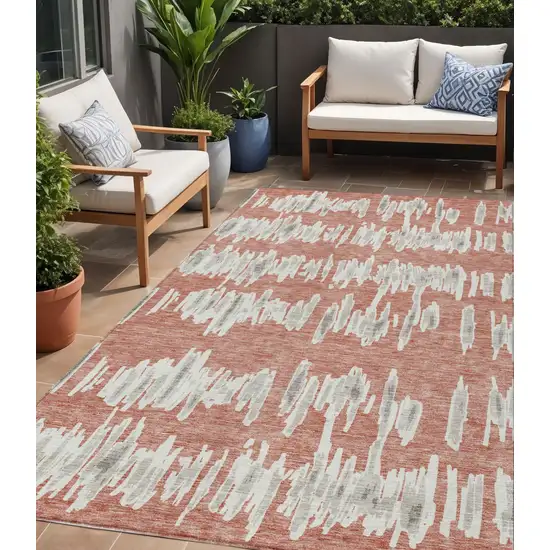 Salmon And Gray Striped Washable Indoor Outdoor Area Rug Photo 1