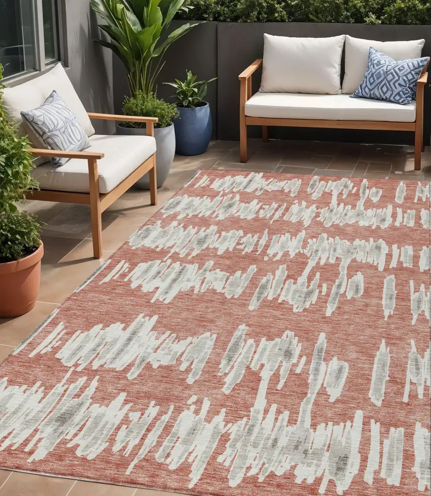 Salmon And Gray Striped Washable Indoor Outdoor Area Rug Photo 1