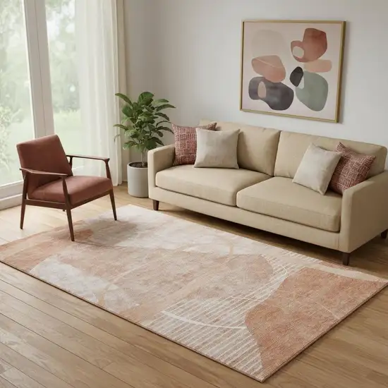 Salmon And Ivory Abstract Geometric Washable Area Rug With UV Protection Photo 2