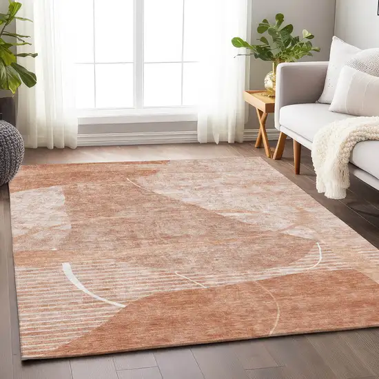 Salmon And Ivory Abstract Geometric Washable Area Rug With UV Protection Photo 5