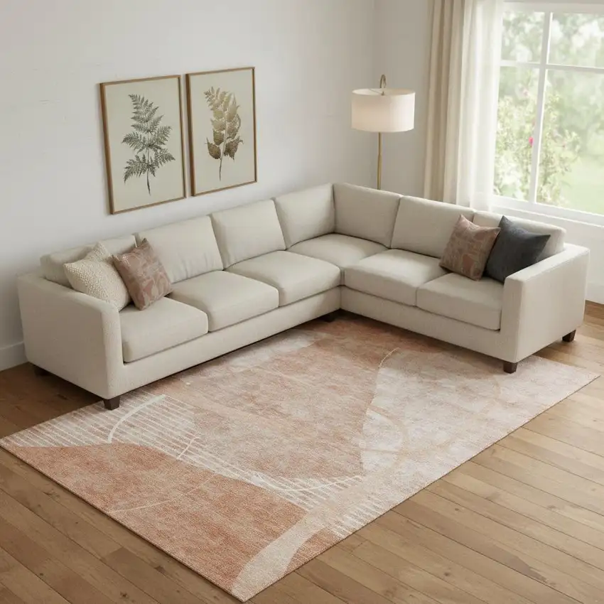 Salmon And Ivory Abstract Geometric Washable Area Rug With UV Protection Photo 1