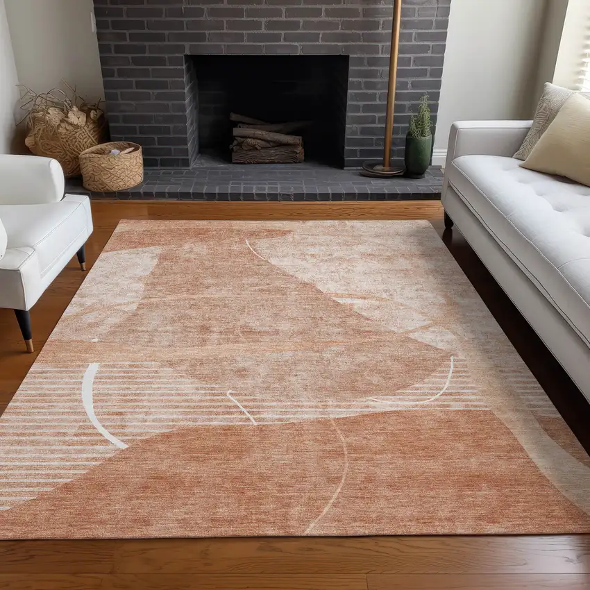 Salmon And Ivory Abstract Geometric Washable Area Rug With UV Protection Photo 5