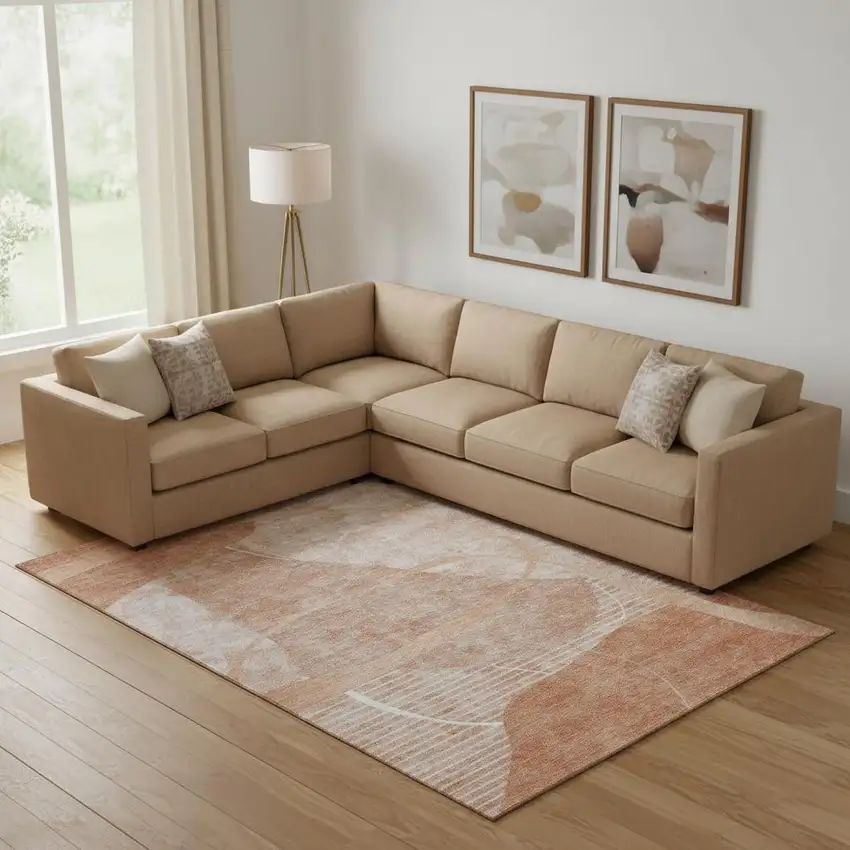 Salmon And Ivory Abstract Geometric Washable Area Rug With UV Protection Photo 1