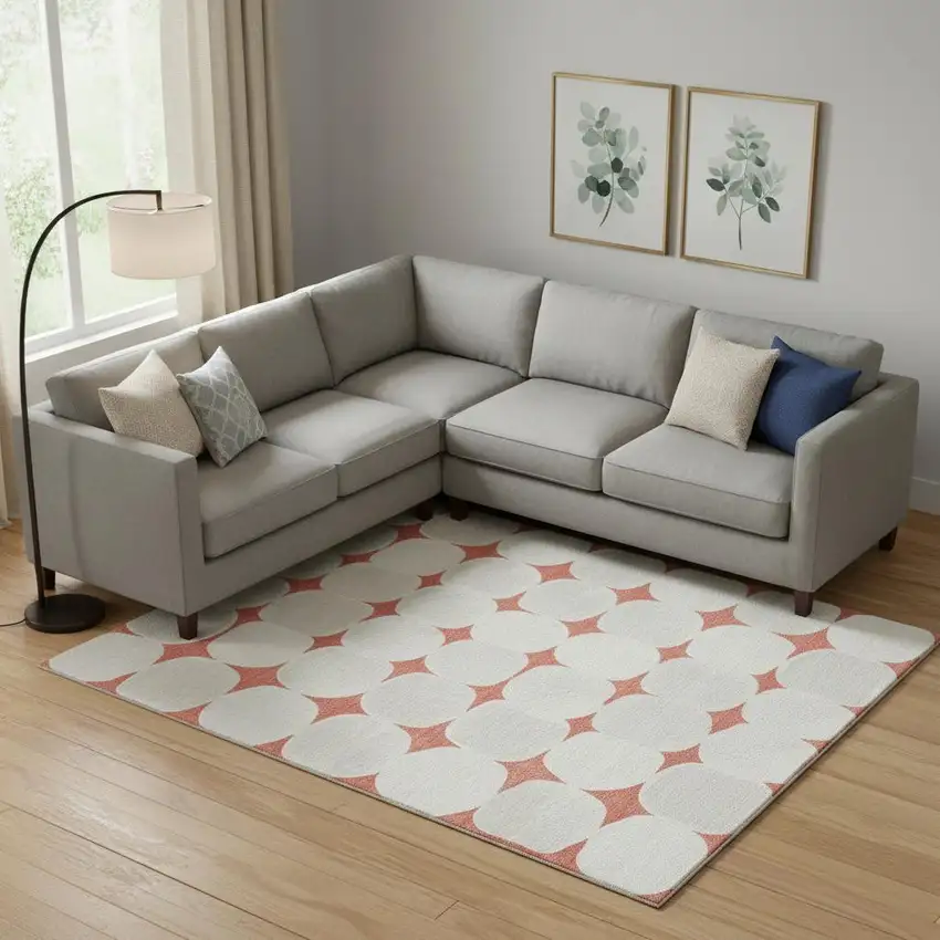 Salmon And Ivory Abstract Geometric Washable Area Rug With UV Protection Photo 1