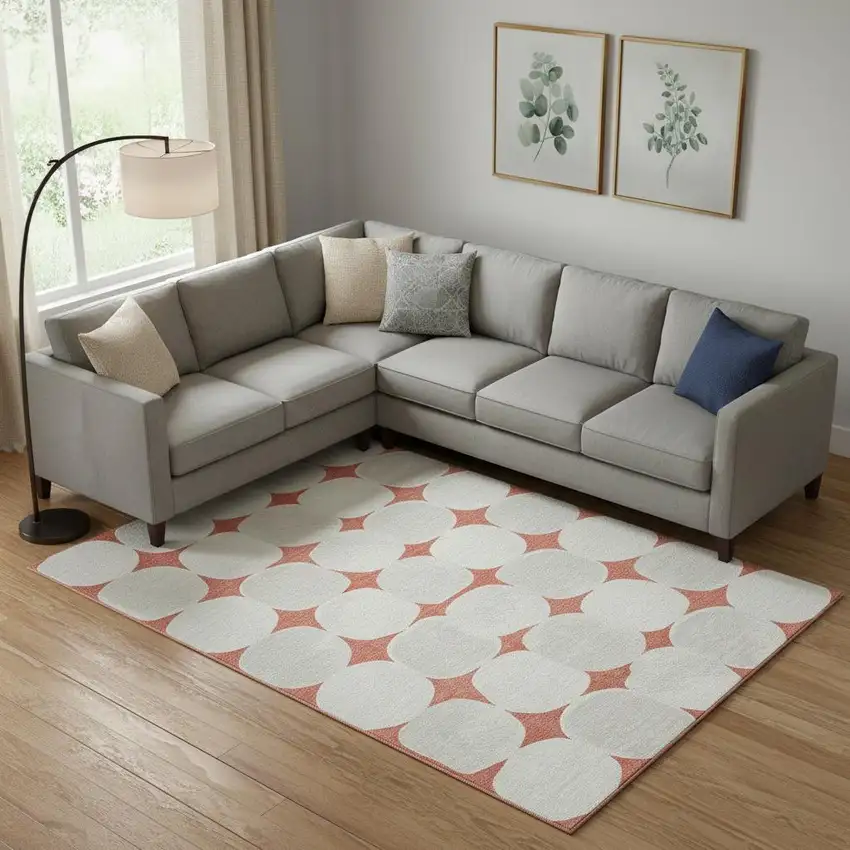 Salmon And Ivory Abstract Geometric Washable Area Rug With UV Protection Photo 1