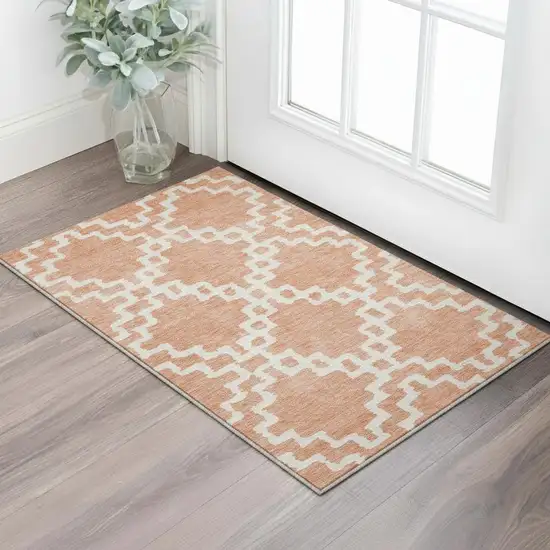 Salmon And Ivory Abstract Geometric Washable Area Rug With UV Protection Photo 2