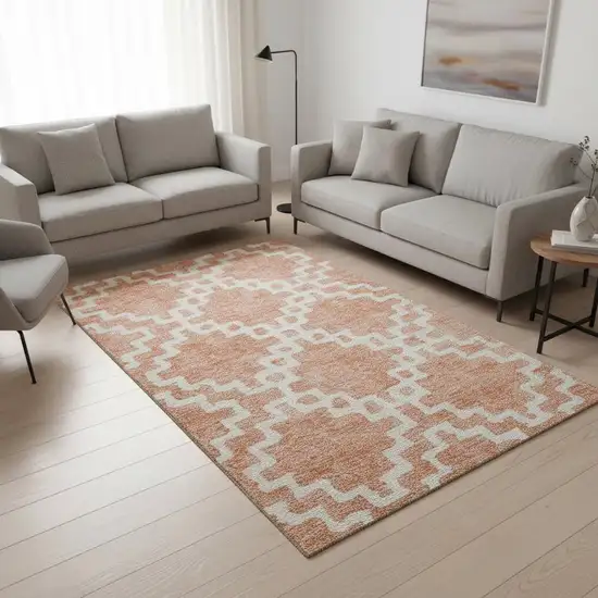 Salmon And Ivory Abstract Geometric Washable Area Rug With UV Protection Photo 2
