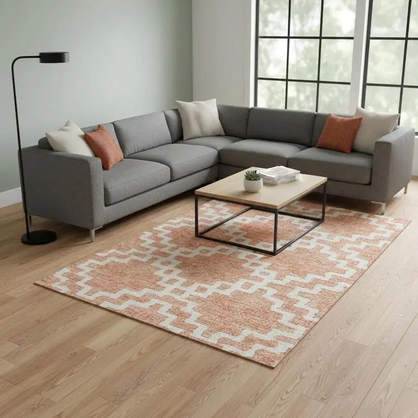 Salmon And Ivory Abstract Geometric Washable Area Rug With UV Protection Photo 2