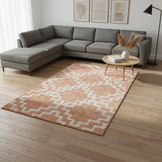 Salmon And Ivory Abstract Geometric Washable Area Rug With UV Protection Photo 2