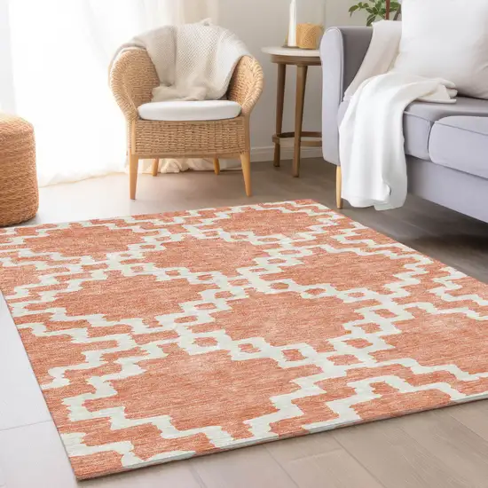 Salmon And Ivory Abstract Geometric Washable Area Rug With UV Protection Photo 5