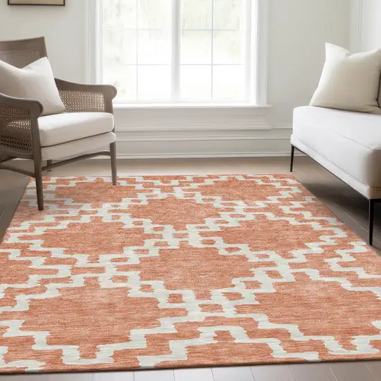 Salmon And Ivory Abstract Geometric Washable Area Rug With UV Protection Photo 6