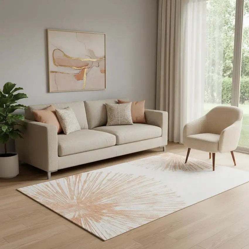 Salmon And Ivory Abstract Washable Area Rug With UV Protection Photo 1