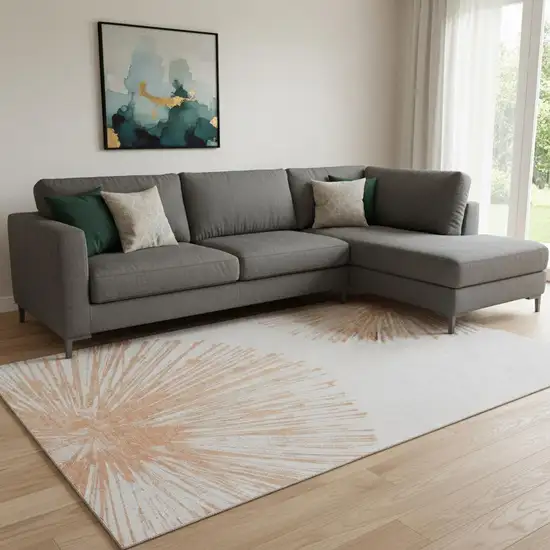 Salmon And Ivory Abstract Washable Area Rug With UV Protection Photo 1