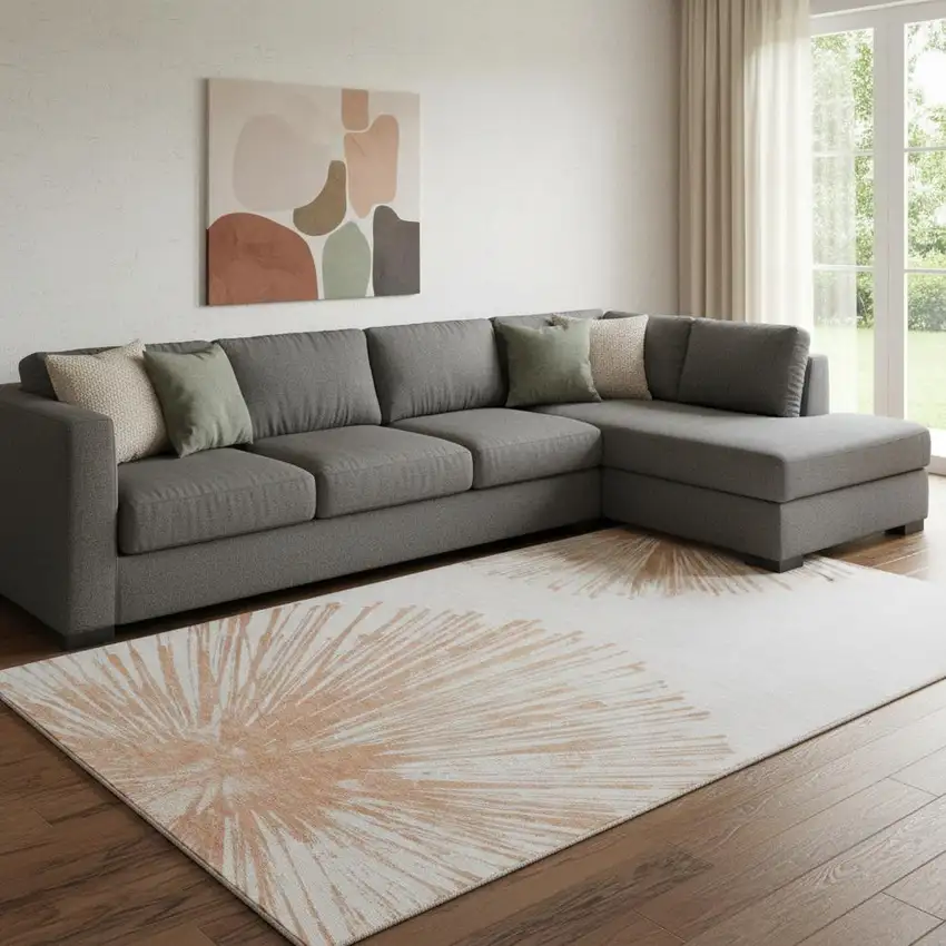 Salmon And Ivory Abstract Washable Area Rug With UV Protection Photo 1