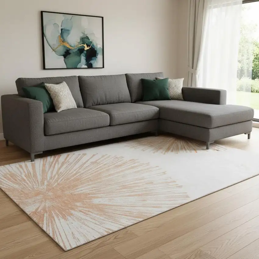 Salmon And Ivory Abstract Washable Area Rug With UV Protection Photo 1